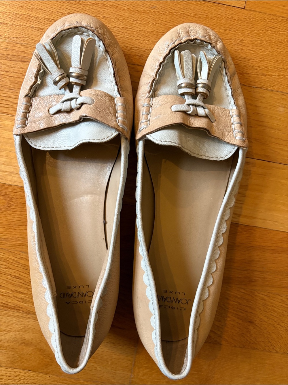 Joan & David Tan and Cream Tassel Loafers